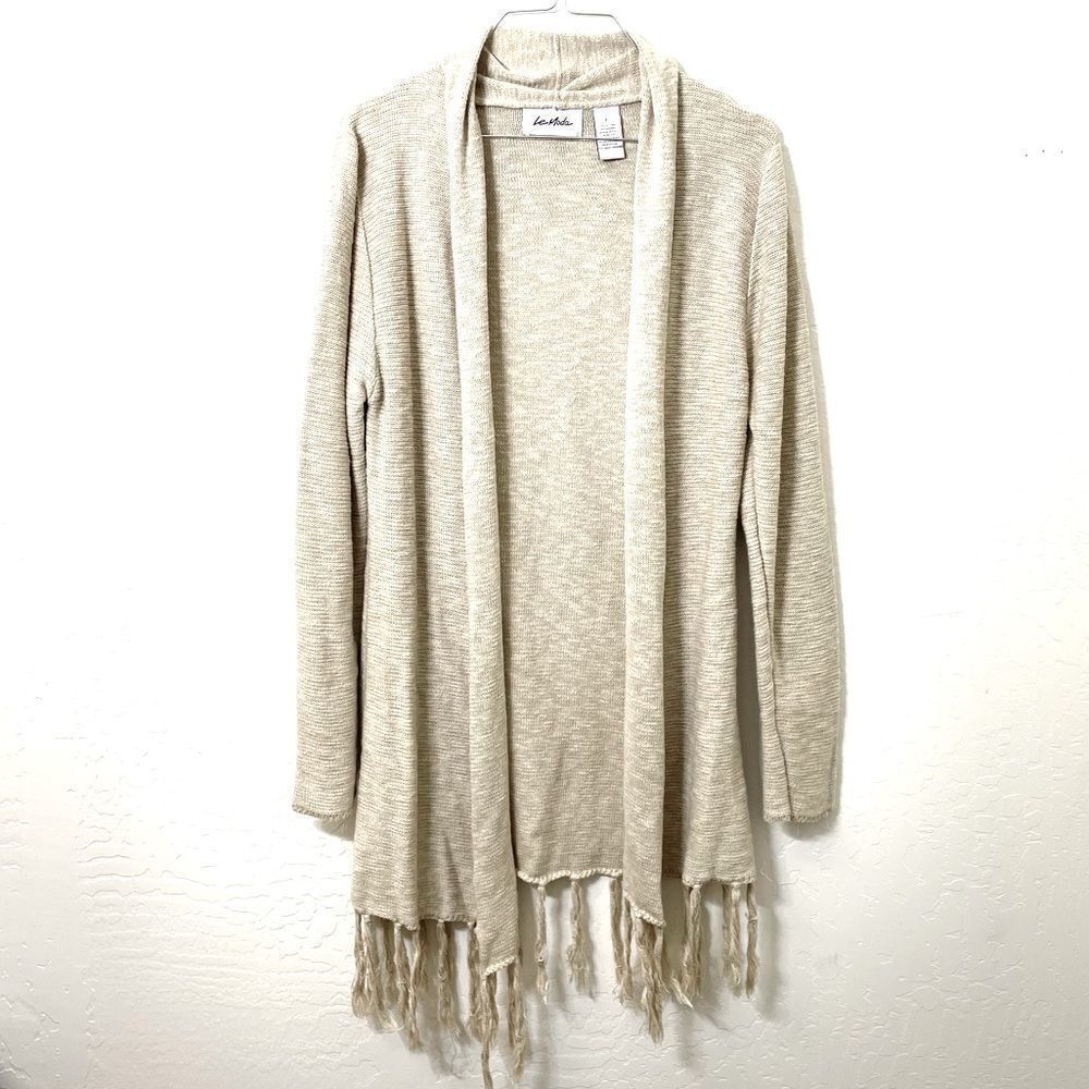 Le Moda Oatmeal Cream Open Front Fringe Cardigan Sweater